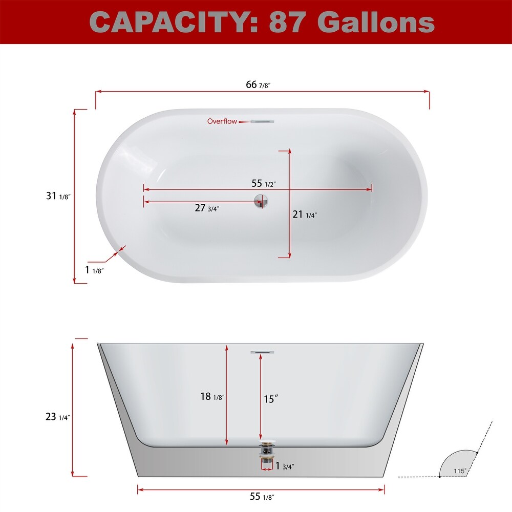 High Gloss Acrylic Freestanding Soaking Bathtub with Chrome Overflow