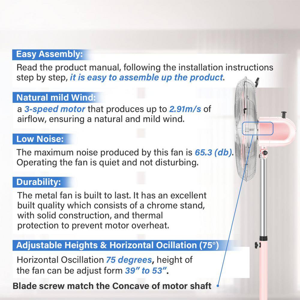 Aoibox 16 in. High Velocity Stand Fan Adjustable Heights 75Oscillating Low Noise 3 Settings Speeds Pink SNMX5265