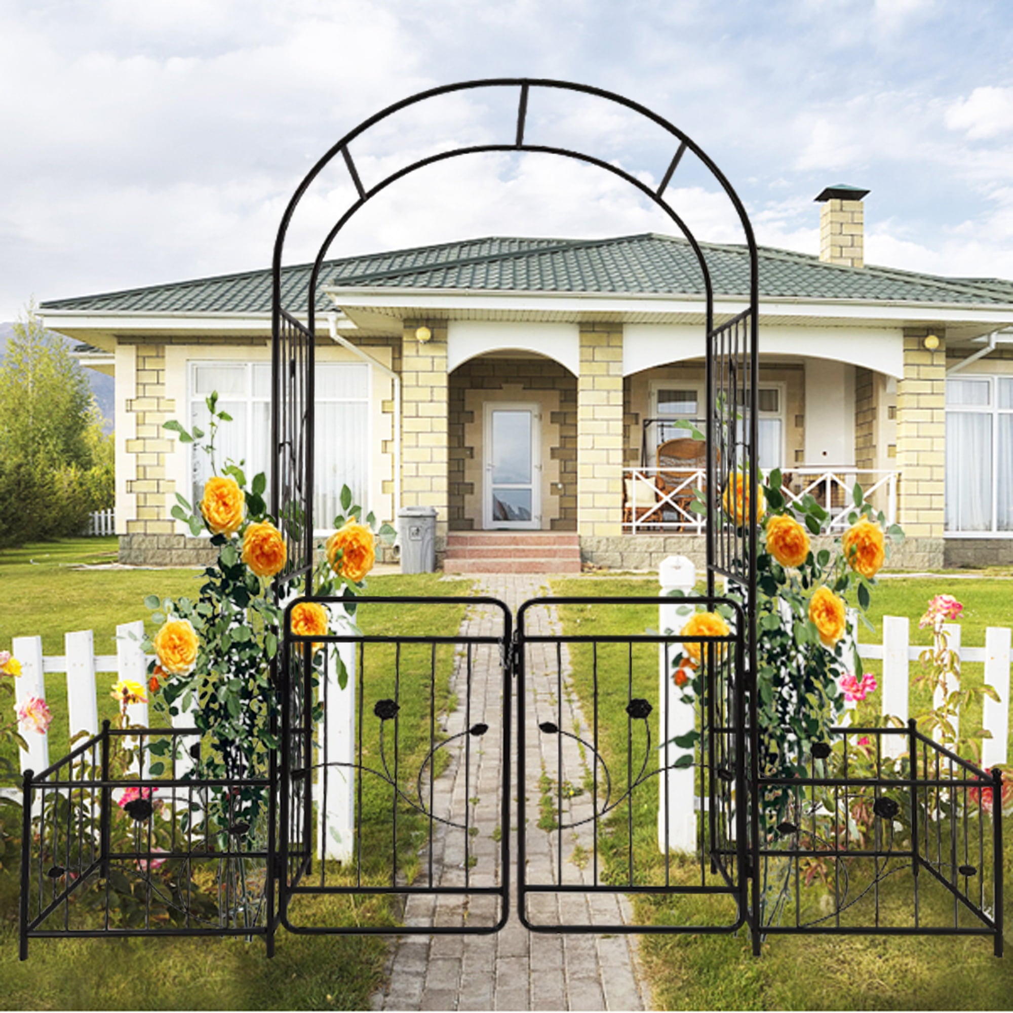 Garden Arbor Metal Garden Arch with Double Doors, Wedding Arch Party Decoration 2 Side Planter Baskets for Outdoor Lawn Climbing Plants Roses Vines