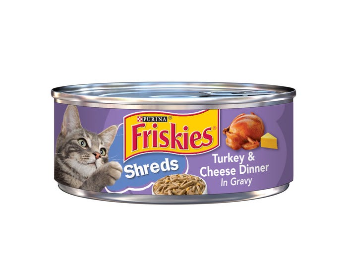 Purina Friskies Shreds Turkey  Cheese Dinner in Gravy Adult Wet Cat Food， 5.5 oz. Can