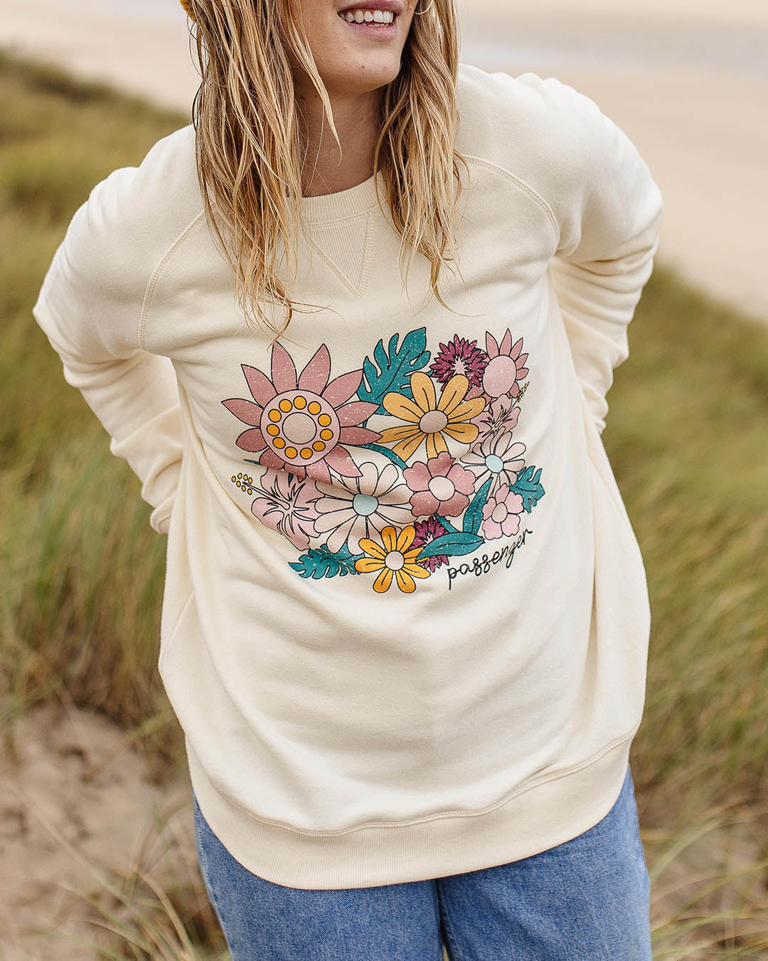 Floral Bloom Recycled Cotton Oversized Sweatshirt - Birch