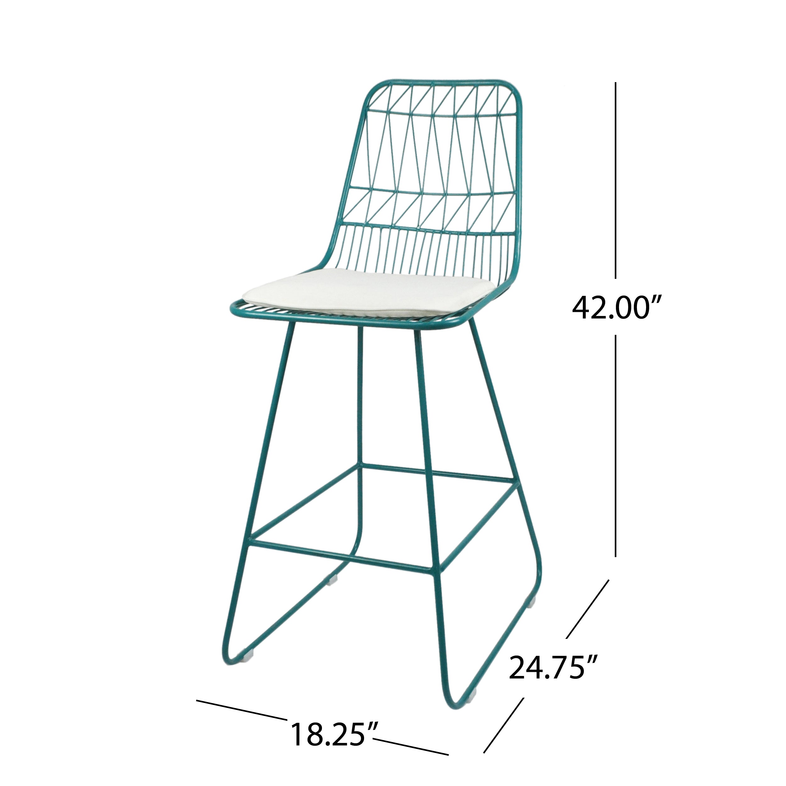 Ella Outdoor Wire Counter Stools with Cushions (Set of 4), Teal and Ivory