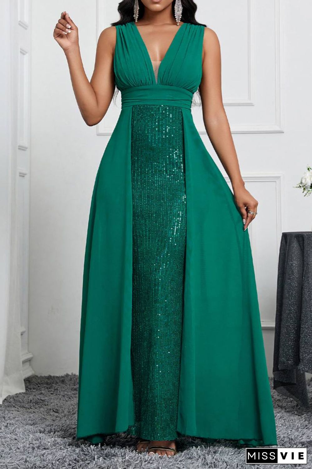 Sexy Formal Patchwork Sequins V Neck Long Dresses