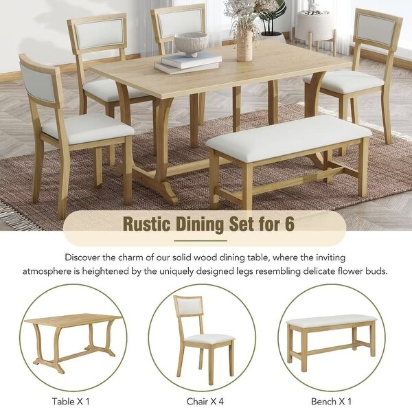 6Piece Trestle Dining Table Set w/ Upholstered Dining Chairs and Bench