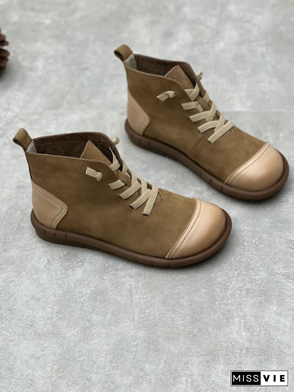 Women Vintage Leather Spliced Drawstring Ankle Boots