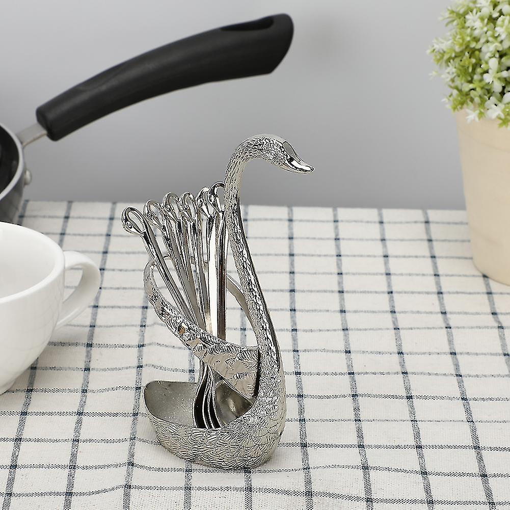 Fashion Elegant Coffee Dessert Fruit Spoon Cutlery Set with Swan Feather Holder Decoration Household TablewareSilver