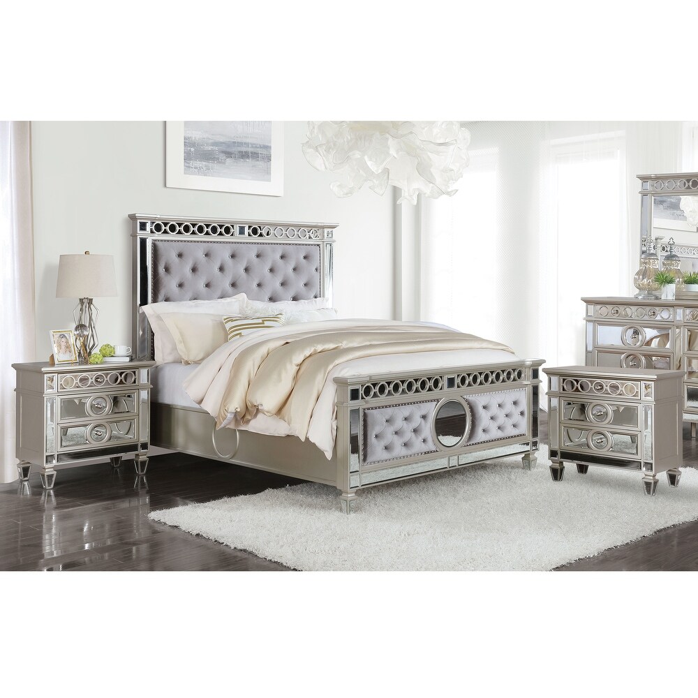 Alyah Glam Grey Wood 3 Piece Tufted Panel Bed and Nightstands Set with USB by Furniture of America