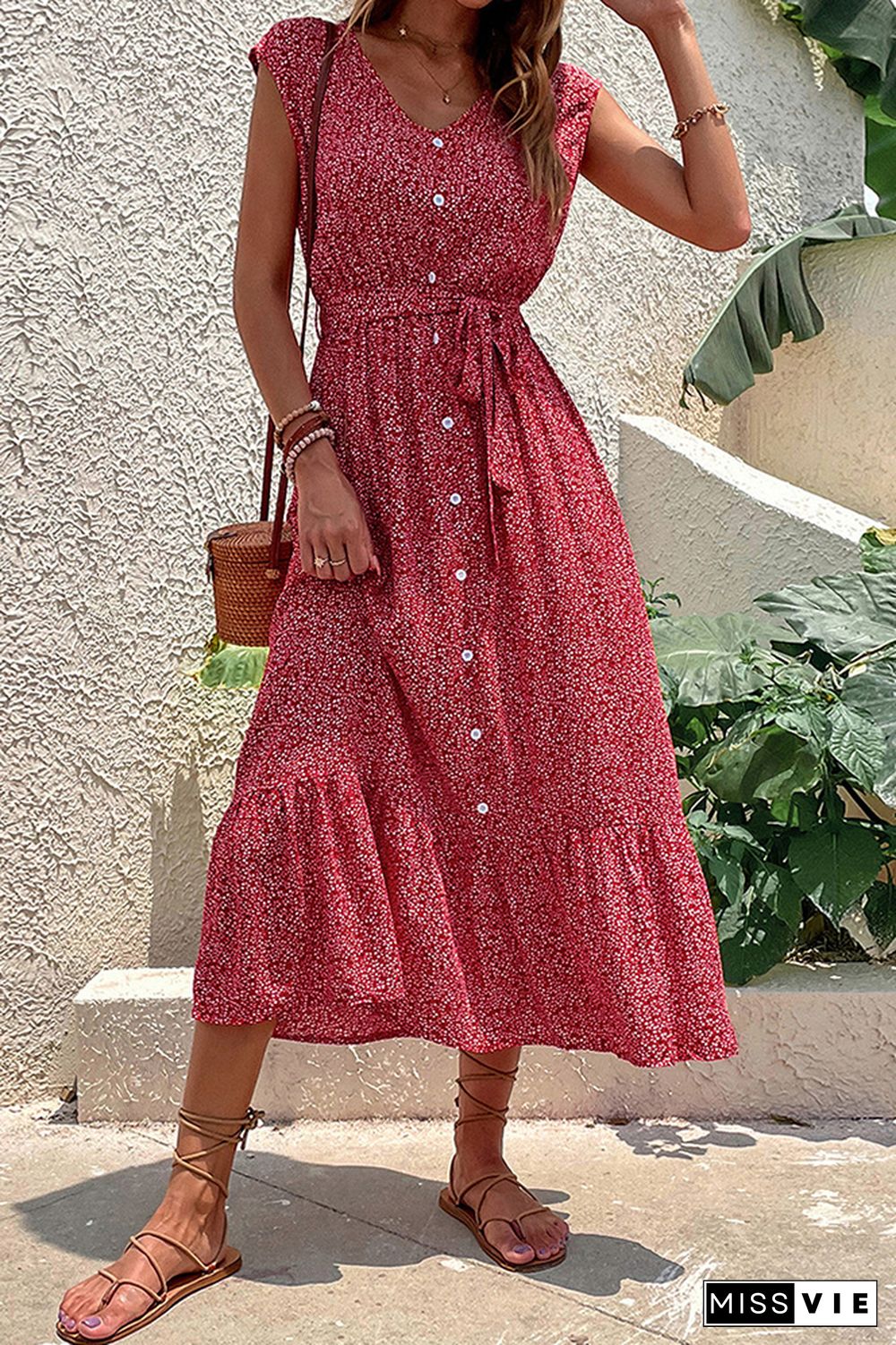 V Neck Button Down Floral Maxi Dress