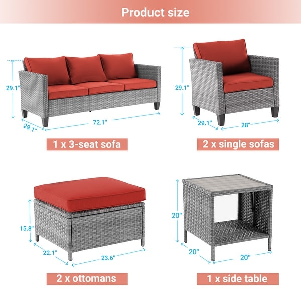 AOOLIMICS 6Pcs Patio Outdoor Furniture Gray Rattan Ottoman Seating Sofa Set