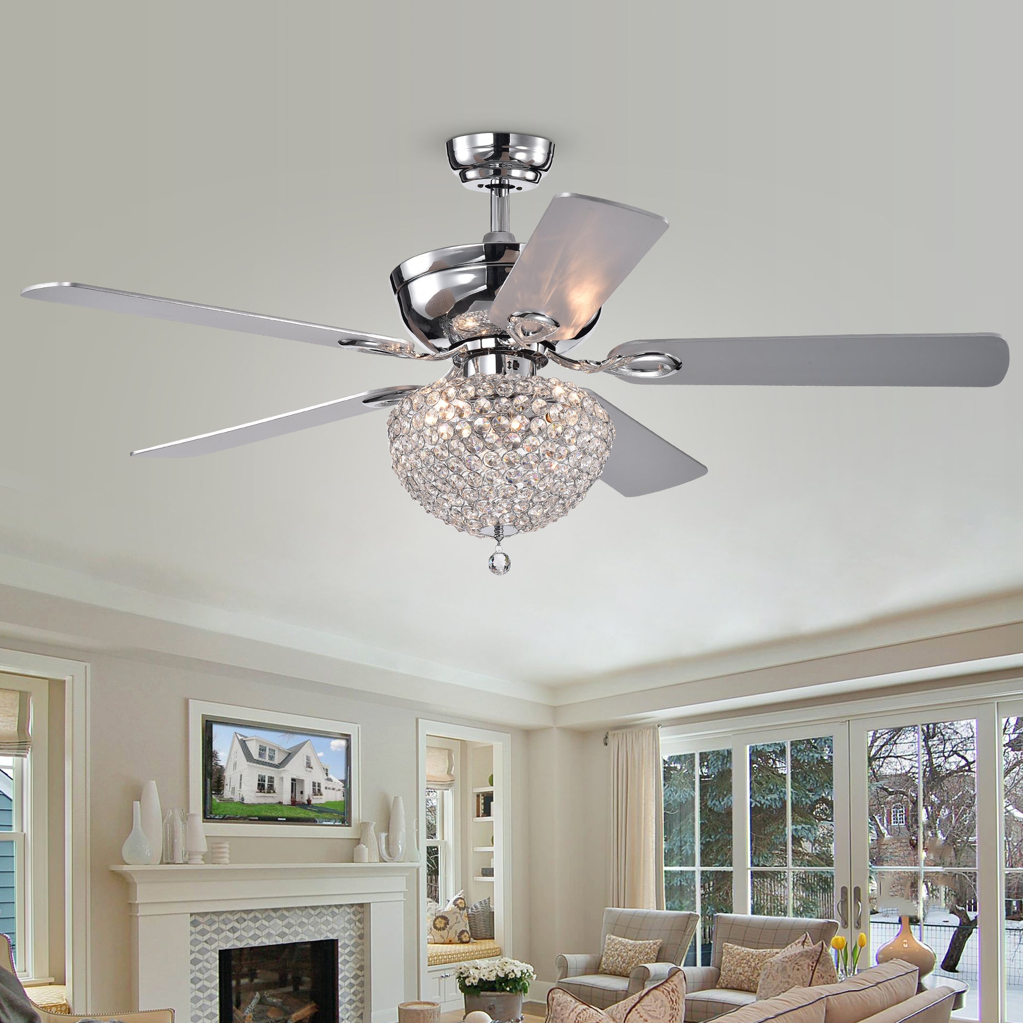 Swarna Chrome 5-blade 52-inch Lighted Ceiling Fan with Crystal Bowl Chandelier (Remote Controlled)