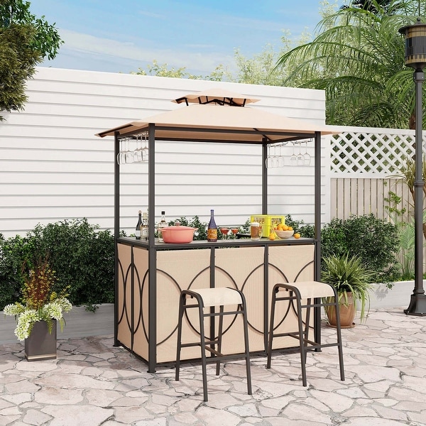 Costway 3 PCS Patio Bar Set with Tempered Glass Bar Table Metal