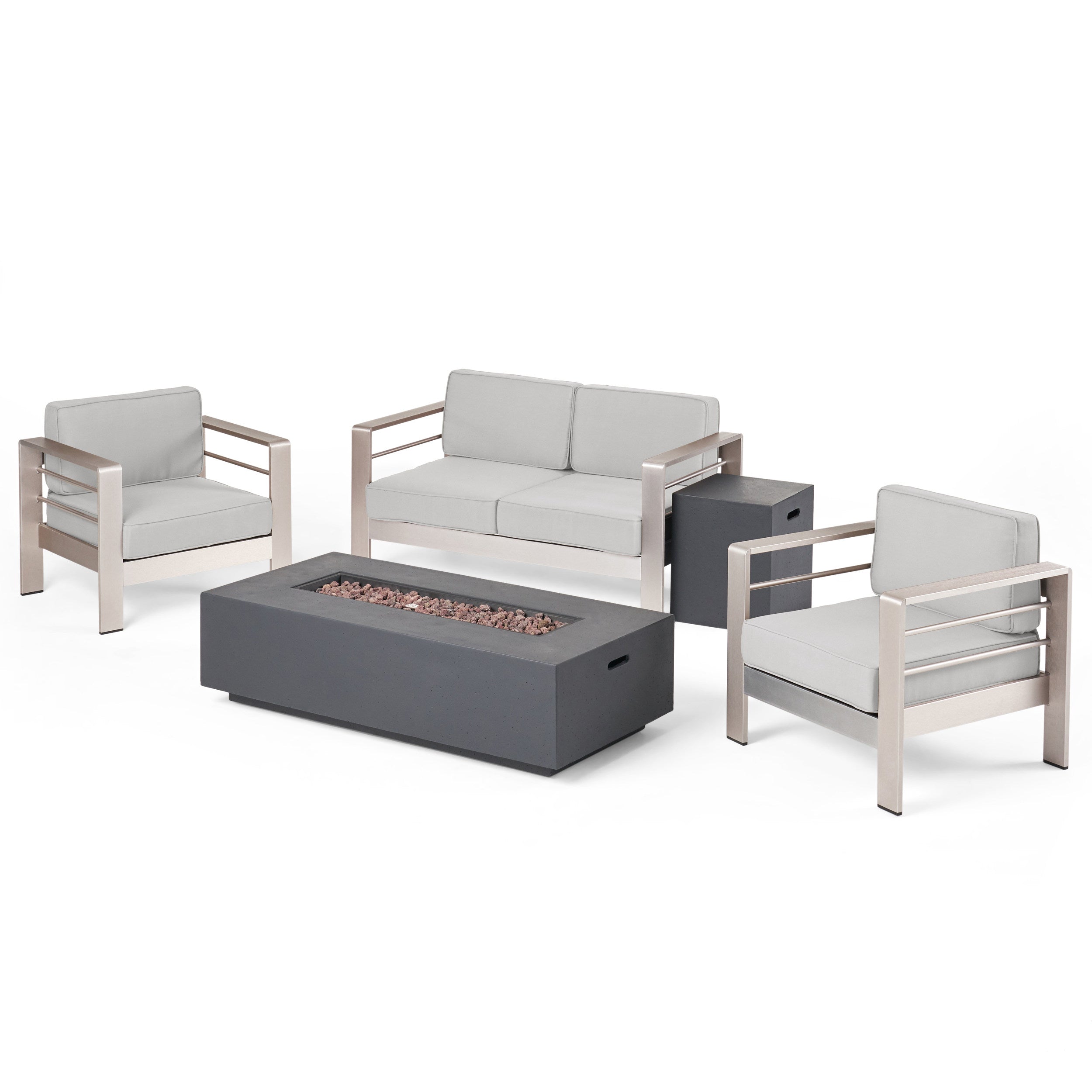 Crested Bay Outdoor 5 Piece Chat Set with Cushions and Fire Pit