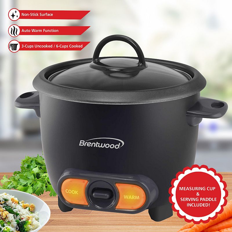 Brentwood 3 Cup Uncooked/6 Cup Cooked Non Stick Rice Cooker in Black