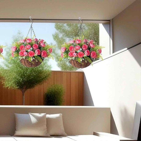 Artificial Flowers in Hanging Basket Planter for Home Spring Summer Decoration，Silk Hydrangea Outdoor Indoor Arrangements