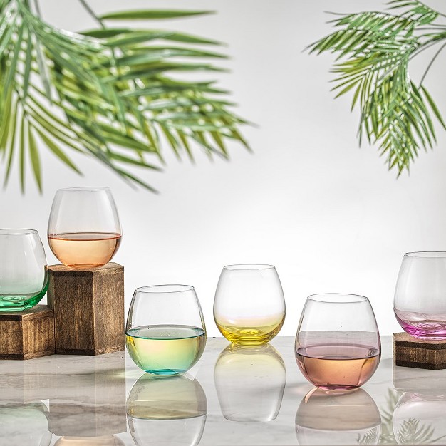 Joyjolt Hue Colored Stemless Wine Glass set Of 6 Colorful Red Or White Wine Drinking Glasses 15 Oz