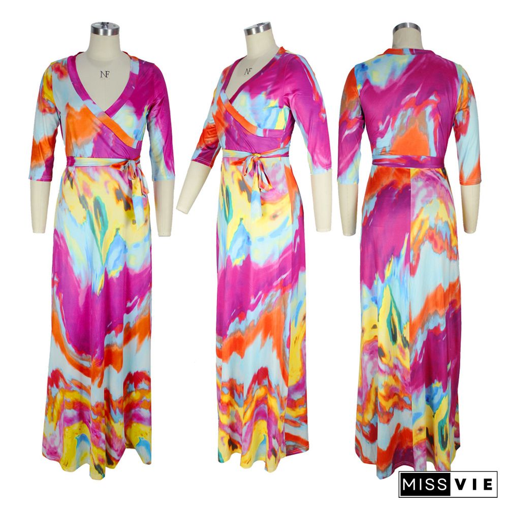 Elegant Abstract Printed Women Three Quarter Sleeve V Neck Bandage Summer Vacation Maxi Dress