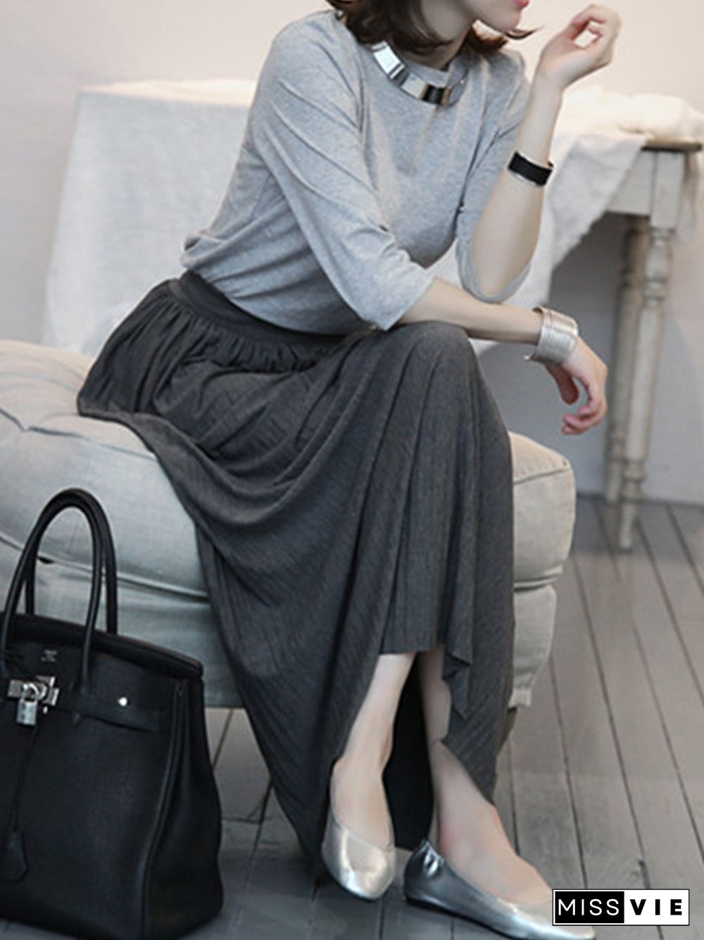 Casual Solid Color Elasticity Waist Pleated Skirts