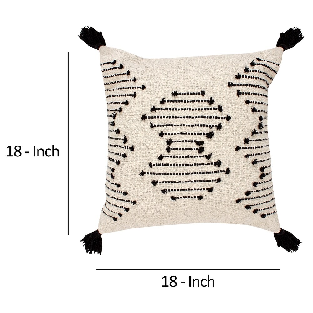 18 x 18 Square Cotton Accent Throw Pillow  Abstract Line Art  Bohemian Style Tassels  Set of 2  White  Black