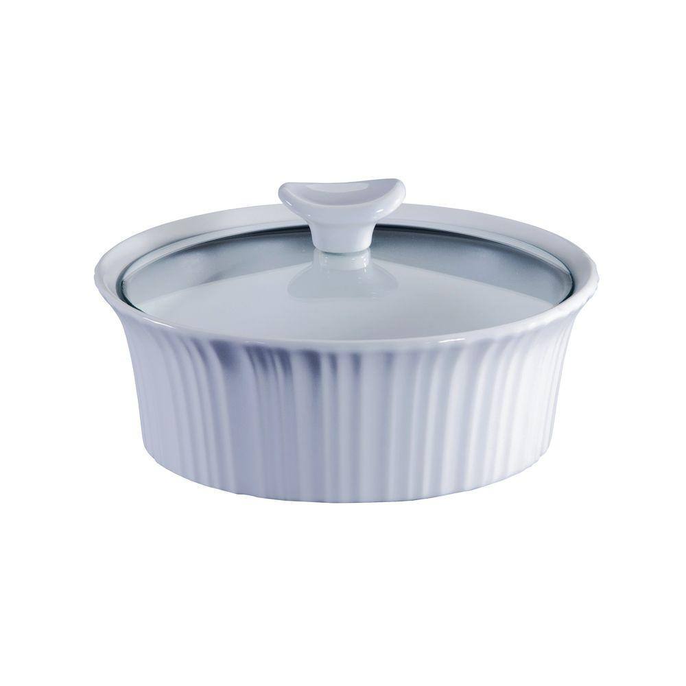 Corningware French White 1.5-Qt Round Ceramic Casserole Dish with Glass Cover 1105932