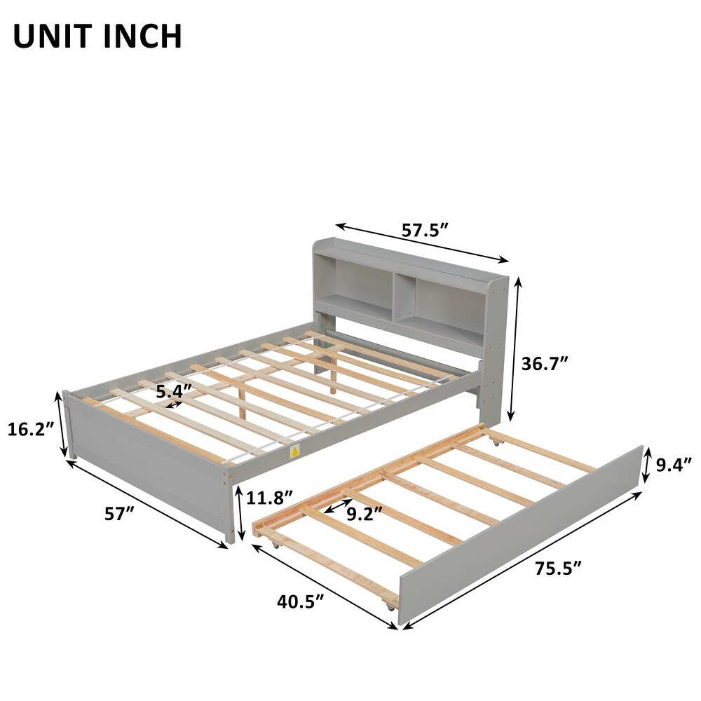 Full Bed Storage Headboard Double Bed Modern Bedroom Wood Slatted Frame Pull out Bed with Trundle and Bookcase  Easy Assembly