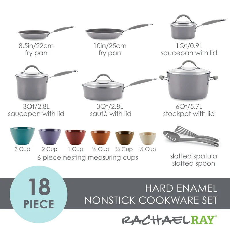 Rachael Ray Cucina Nonstick Cookware and Prep Bowl Set， 12-Piece - Gray