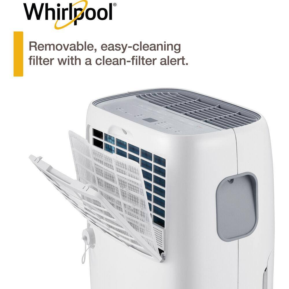 Whirlpool 30-Pint Portable Dehumidifier with 24-Hour Timer Auto Shut-Off Easy-Clean Filter Auto-Restart and Wheels WHAD301CW