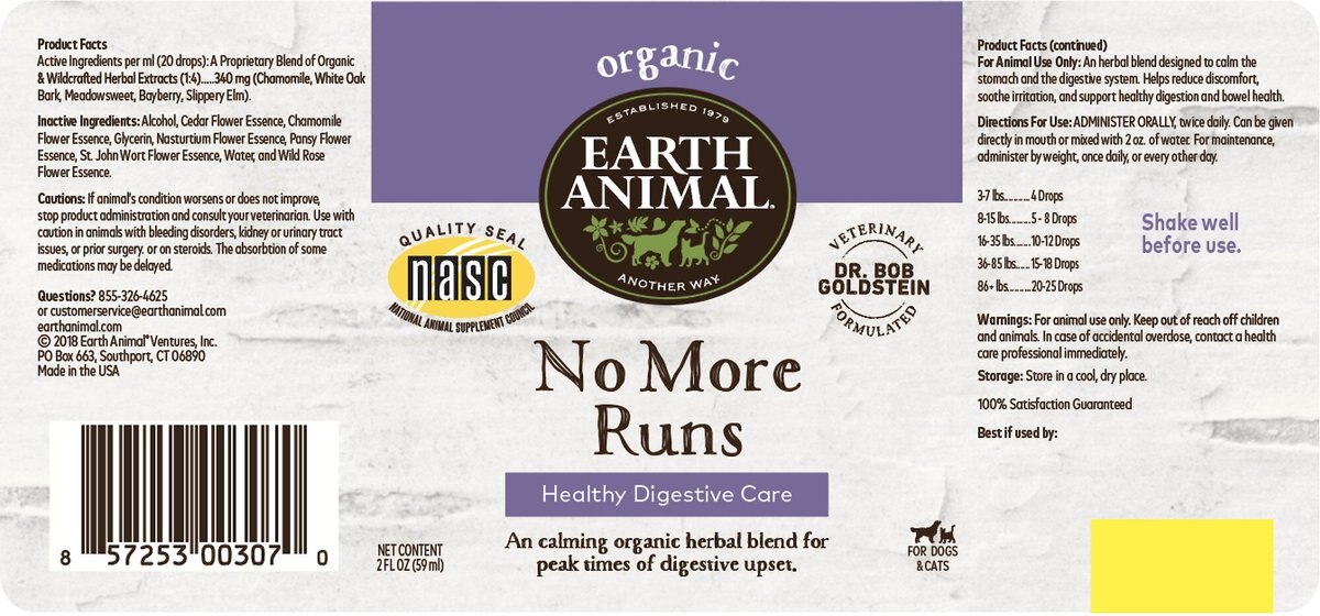 Earth Animal Natural Remedies No More Runs Liquid Homeopathic Digestive Supplement for Dogs and Cats， 2-oz bottle