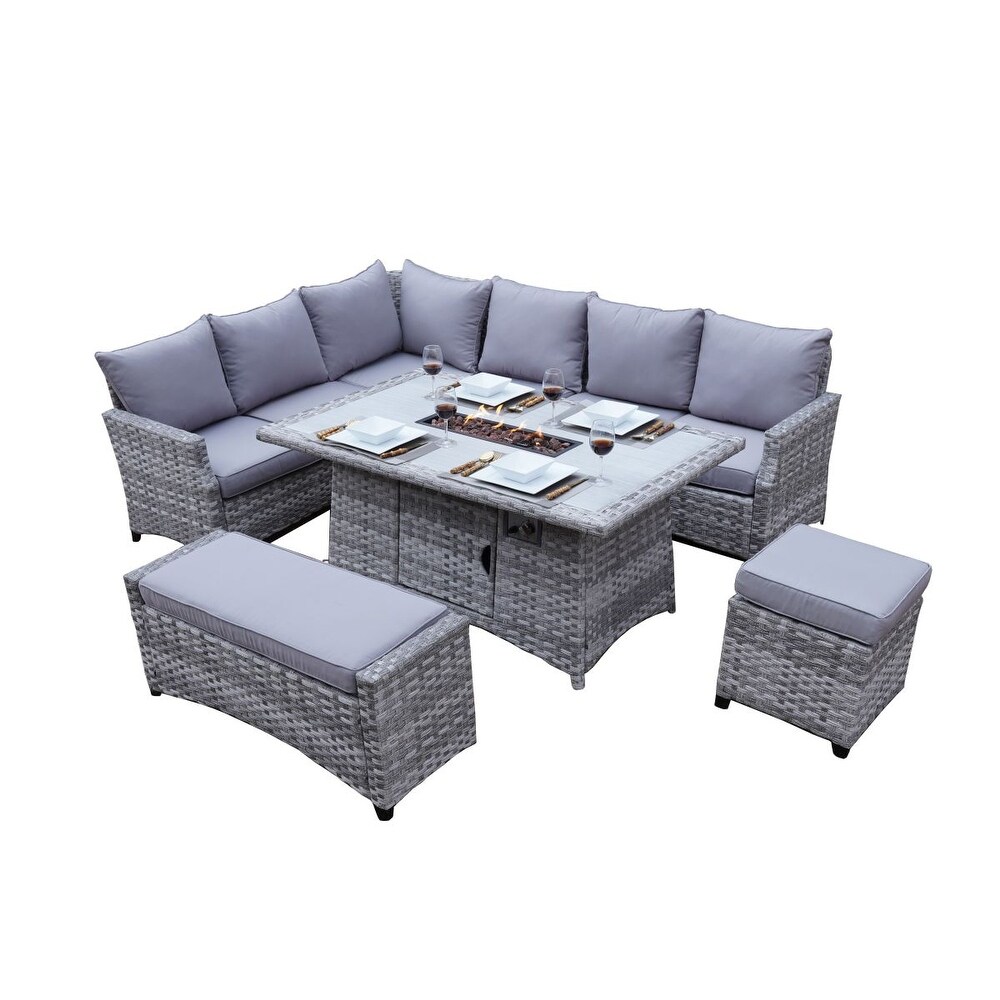 5 Piece Gray Wicker Outdoor Conversational Sofa Set with Fire Pit Table