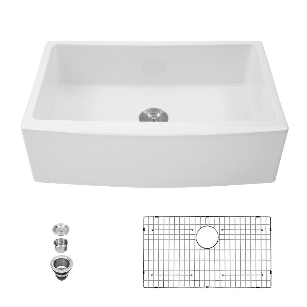 LORDEAR White Fireclay 33 in. Single Bowl Farmhouse Apron Front Kitchen Sink with Bottom Grids HAW3321R1