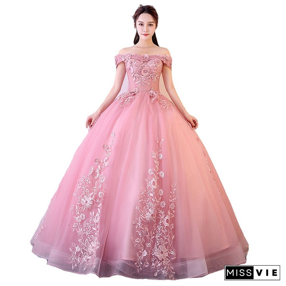 Off Shoulder Blush Pink Appliques Ball Gown Vintage Quinceanera Dresses Lace Up Formal Prom Gowns Pink Tulle Dresses