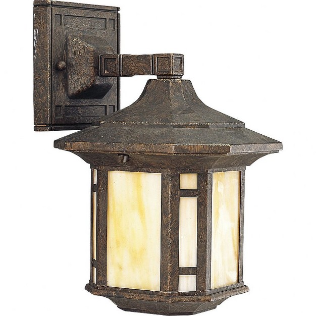 Progress Lighting Arts And Crafts 1 light Wall Lantern Weathered Bronze Honey Art Glass