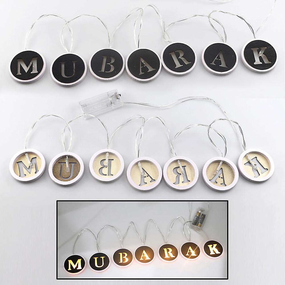 3 Wooden Round Shape Hollow Mubarak Letters L-ed String Light Decoration For Ramadan Eid Mubarak Home Decor