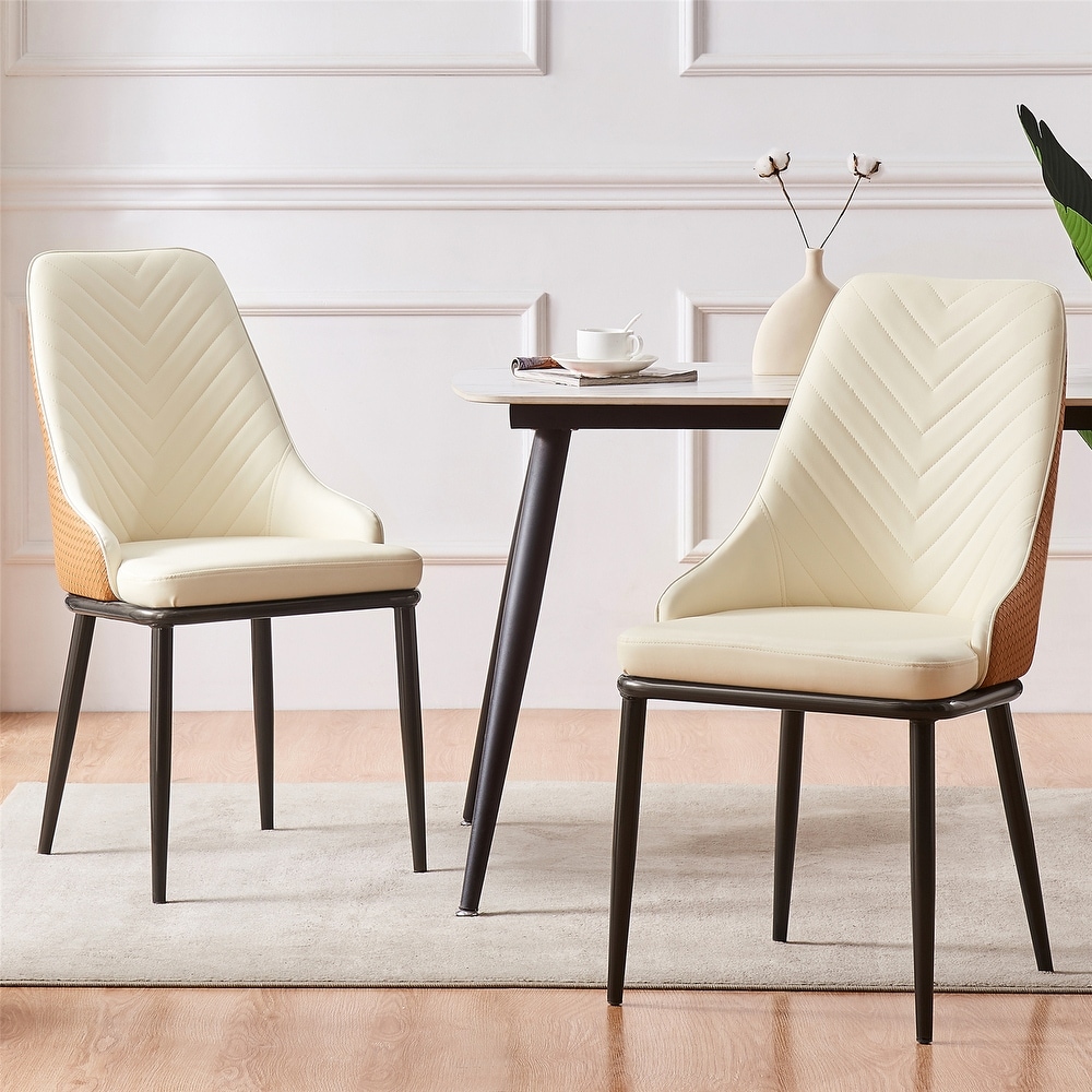 Modern Faux Leather Dining Chairs with Woven Leather Back  Set of 2