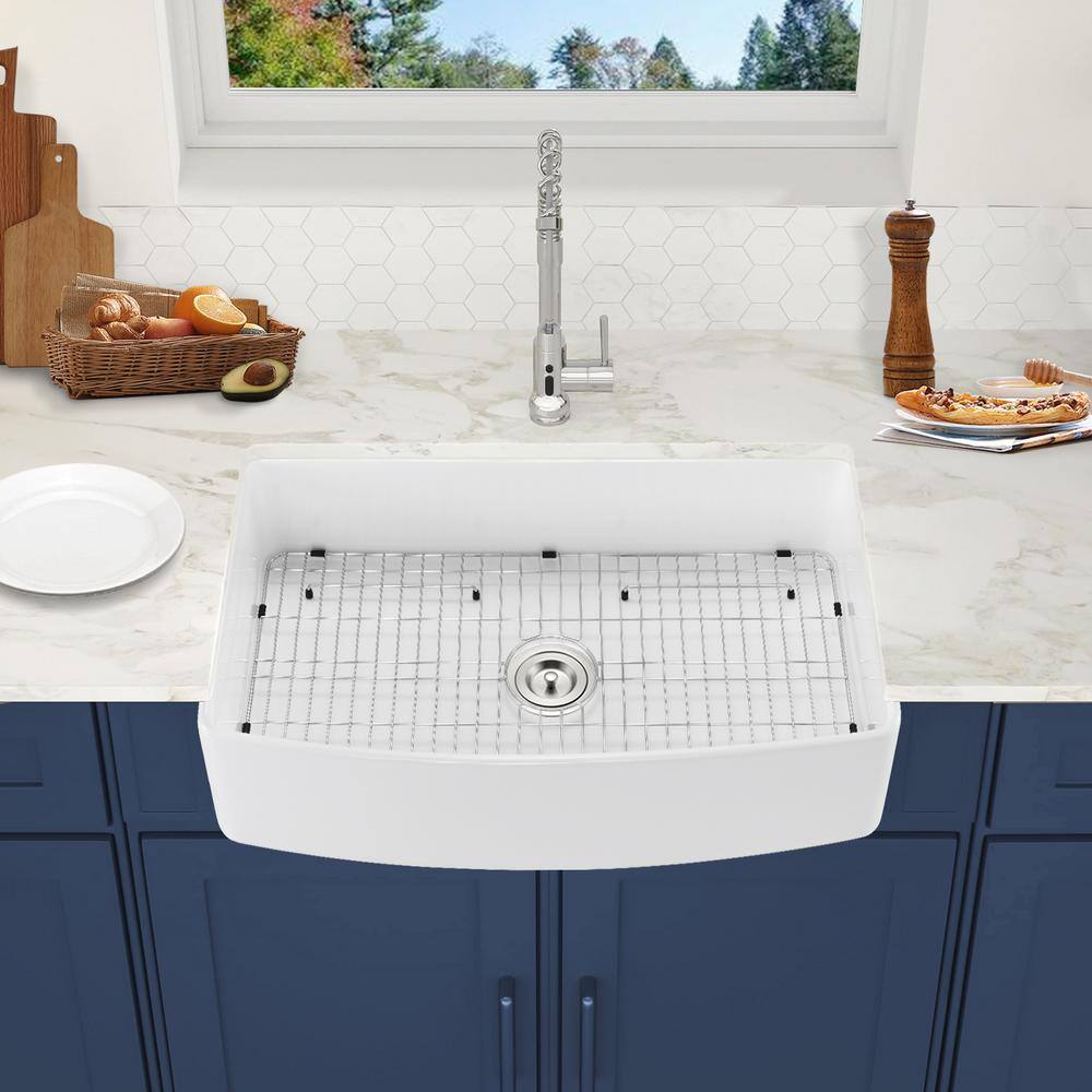 White Fireclay 33 in. Single Bowl Farmhouse Apron Arch Edge Front Kitchen Sink with Bottom Grid and Sink Drain LL-W122567052