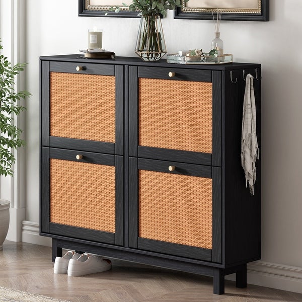 Boho Style Rattan Shoe Cabinet with 4 Flip Drawers， Storage Organizer - - 37372479