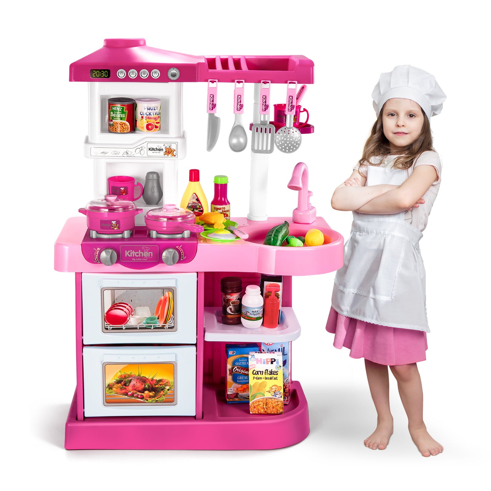 TEMI Play Kitchen Playset Pretend Food - 53-Pack Pink Kitchen Toys for Toddlers, Toy Accessories Toddler Set with Real Sounds and Lights, Girls and Boys Gift(20.8x29.13x10.24)