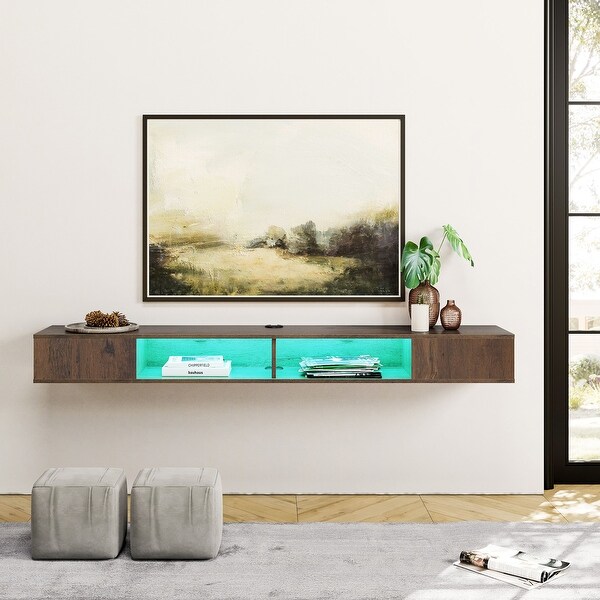 Floating Wall Mounted TV Stand with Storage， Brown， 70 Inch