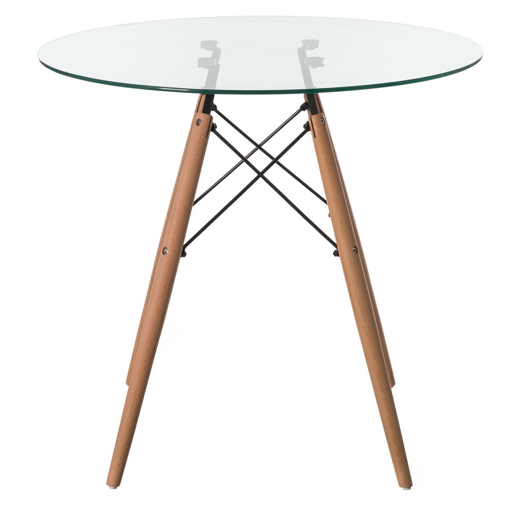 Round Clear Glass Top Accent Dining Table with 4 Beech Solid Wood Legs  Modern Space Saving Small Leisure Circle Desk