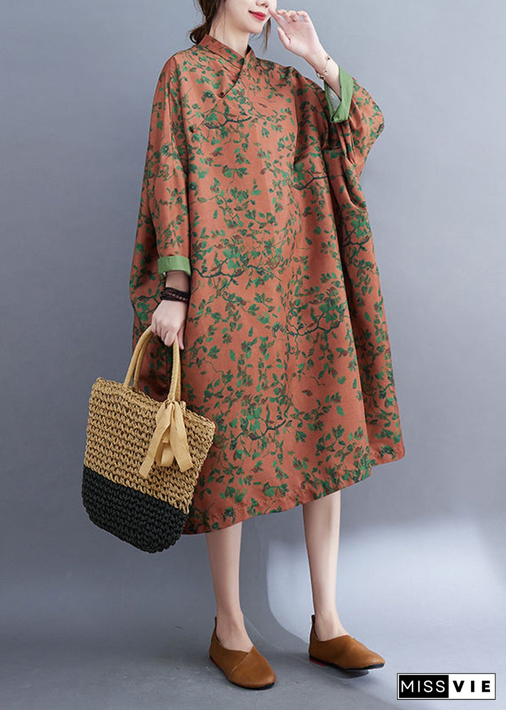 Orange Print Linen Long Dress Oversized Mandarin Collar Spring