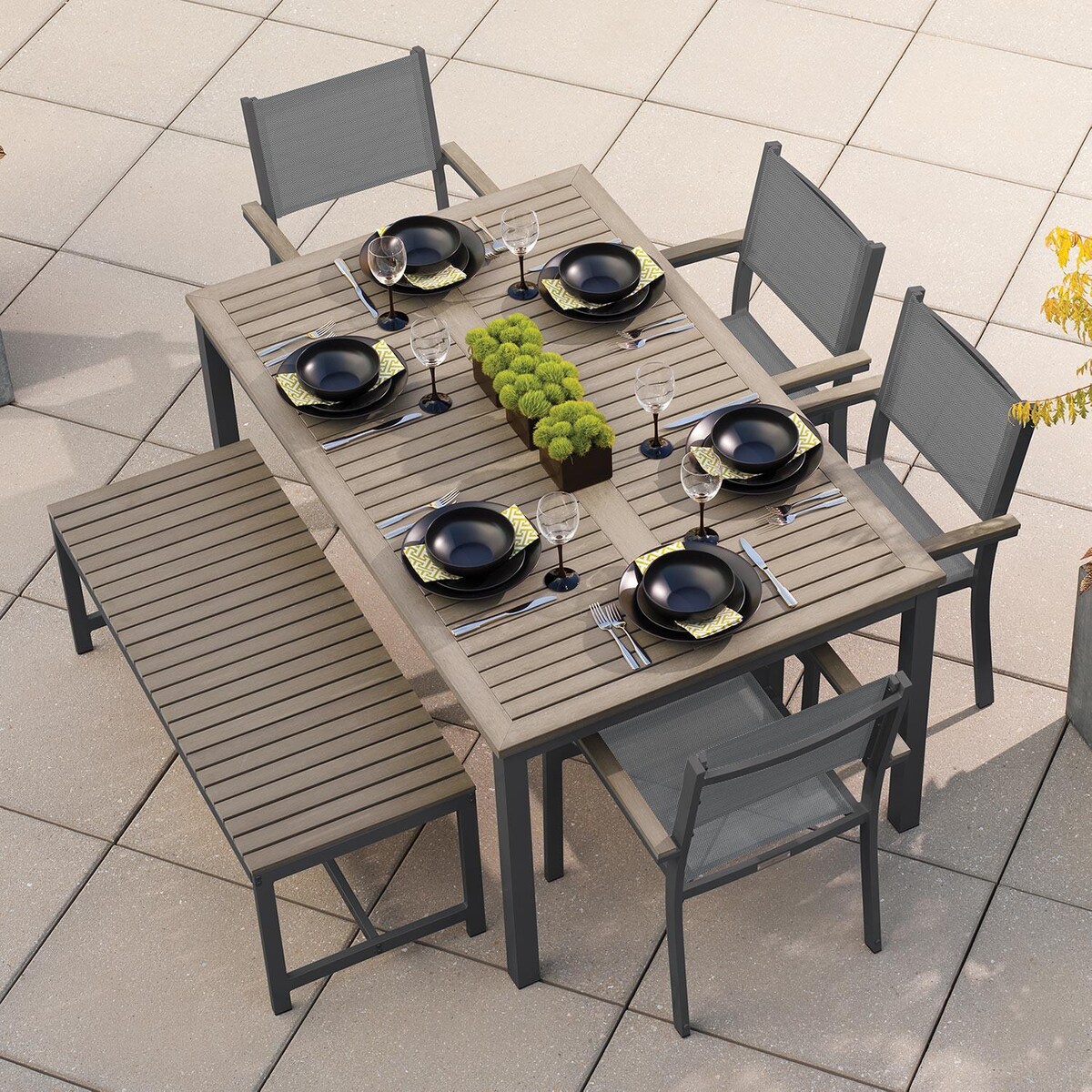 Oxford Garden Travira 6 Piece Carbon Aluminum Patio Dining Set W/ Titanium Sling Armchairs， 63-Inch Rectangular Vintage Tekwood Table and Backless Bench