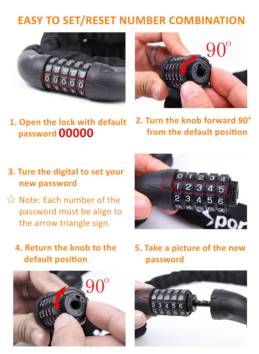 Sportneer Bicycle Chain Lock， 5-Digit Resettable Combination Anti-Theft Bike L..