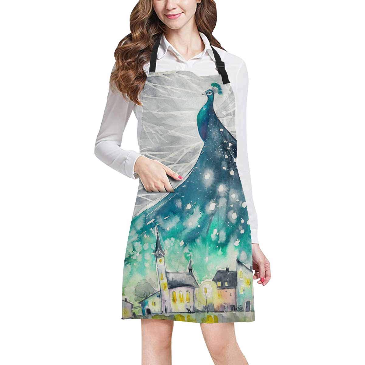 ASHLEIGH Watercolors Abstract Peacock in Night Sky Over City Home Kitchen Apron Women Men Pockets， Unisex Adjustable Bib Apron Cooking Baking Gardening