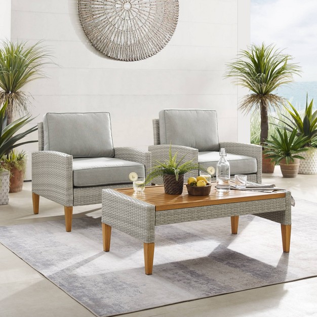 Capella Outdoor Wicker 3 Pc Set With Two Chairs And Coffee Table Gray acorn Crosley