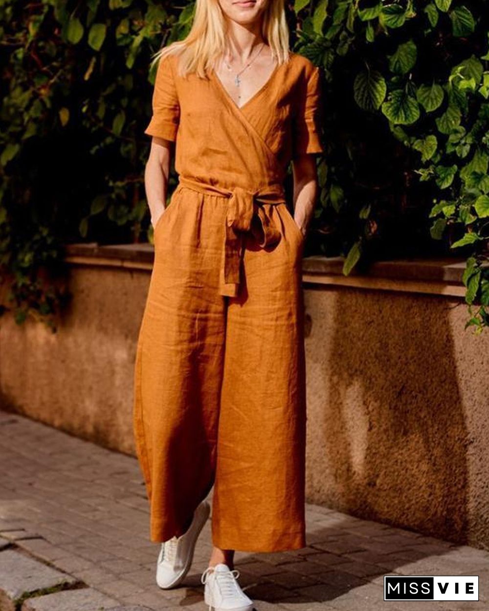 Paneled Solid Cross Front V-neck Casual Jumpsuit