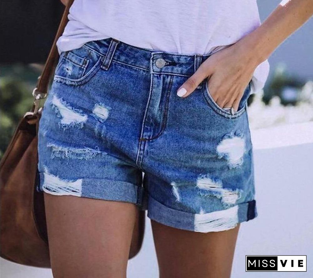 Znaiml New Summer Women High Waist Rippde Hole Button Straight Slim Jeans Shorts Casual Street Female Loose Fit Blue Denim Short