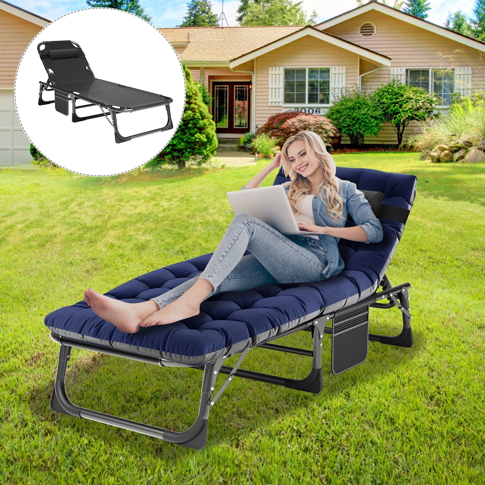 Docred 4-Fold Sleeping Cots for Adults, Folding Chaise Lounge Chairs Outdoor, Portable Folding Bed Cot Lounge Chair for Beach Lawn Camping Pool Sun Tanning