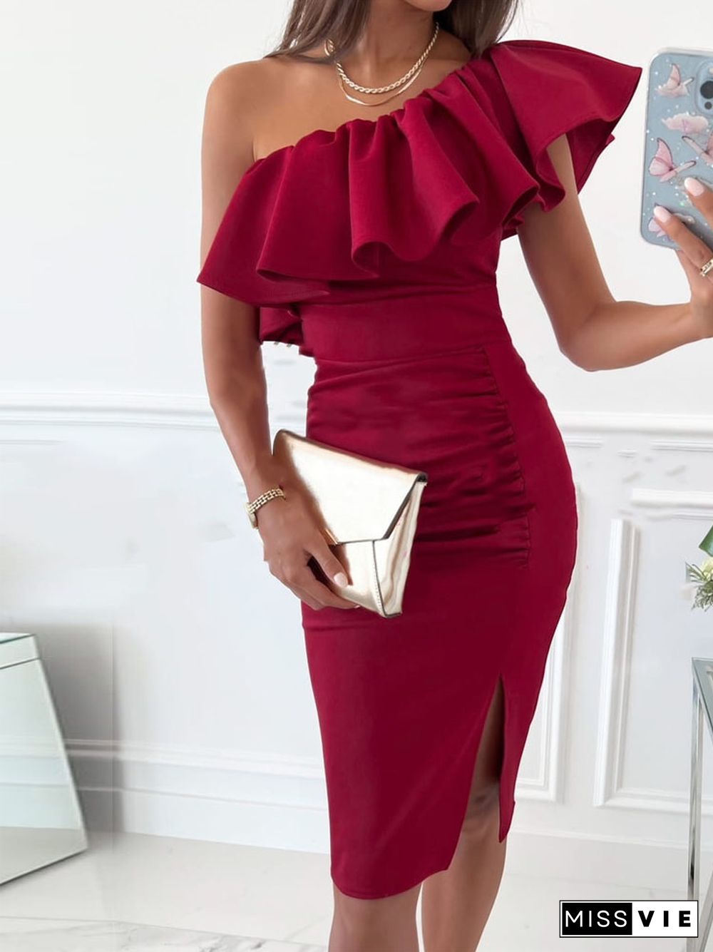 Elegant Slash Neck Pleated Slim Slit Dress Summer Solid One Shoulder Ruffle Dress Fashion Women Chic Waist Irregular Party Dress