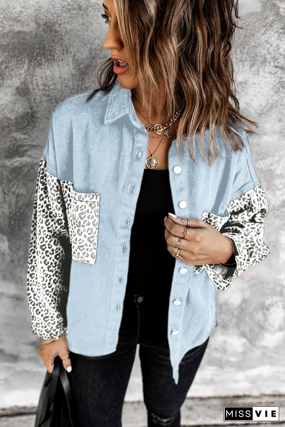 Sky Blue Contrast Leopard Denim Jacket