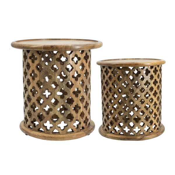 18， 16 Inch Side Tables， Mango Wood， Quatrefoil Design， Set of 2， Brown