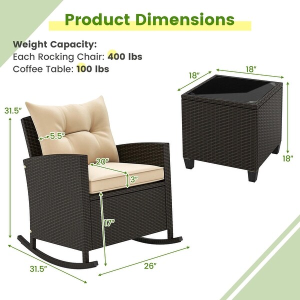 Costway 3 PCS Patio Wicker Rocking Set with Tempered Glass Table and